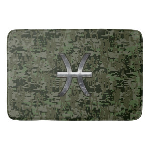 Pisces Zodiac Sign on Woodland Digital Camo Bath Mat