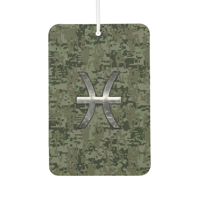 Pisces Zodiac Sign on Woodland Digital Camo Car Air Freshener (Front)