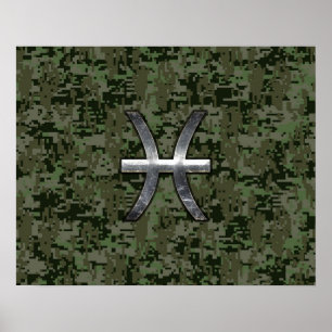 Pisces Zodiac Sign on Woodland Digital Camouflage