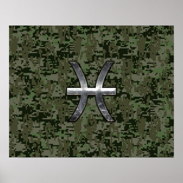 Pisces Zodiac Sign on Woodland Digital Camouflage (Front)