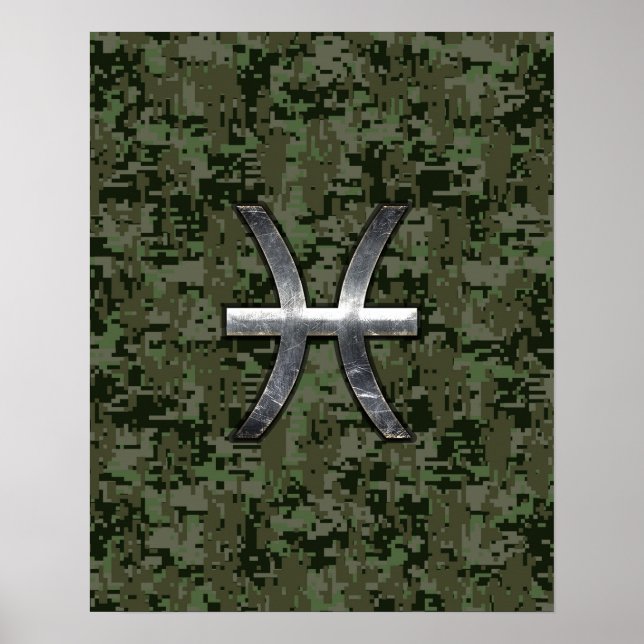 Pisces Zodiac Sign on Woodland Digital Camouflage (Front)