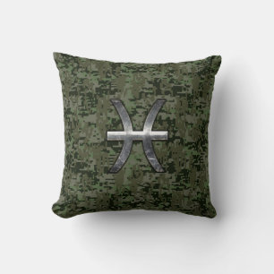 Pisces Zodiac Sign on Woodland Green Digital Camo Cushion