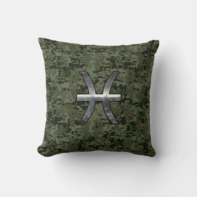 Pisces Zodiac Sign on Woodland Green Digital Camo Cushion (Front)