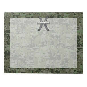 Pisces Zodiac Sign on Woodland Green Digital Camo Notepad