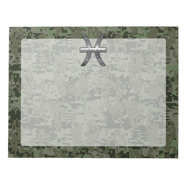 Pisces Zodiac Sign on Woodland Green Digital Camo Notepad (Front)