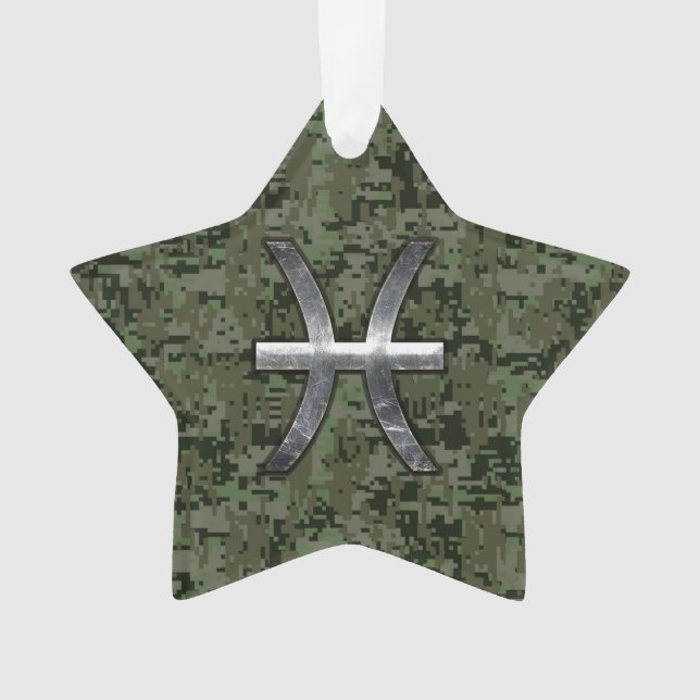 Pisces Zodiac Sign on Woodland Green Digital Camo Ornament (Front)