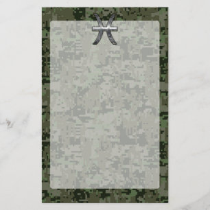 Pisces Zodiac Sign on Woodland Green Digital Camo Stationery