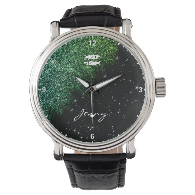  Pisces Zodiac Sign Teal Green Glitter Stars Name Watch (Front)