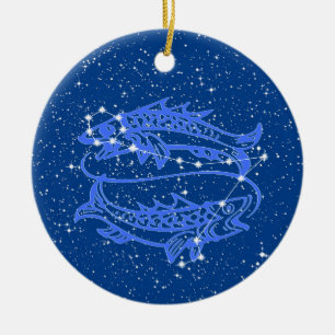 Pisces Zodiac Sign with Stars on Deep Blue Ceramic Ornament