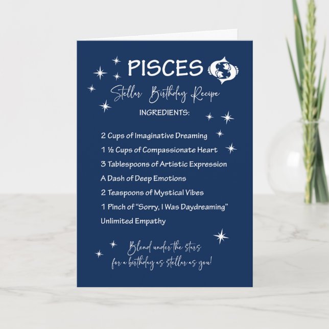 Pisces Zodiac Stellar Birthday Recipe Card (Front)