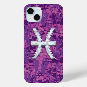 Pisces Zodiac Symbol Fuchsia Digital Camouflage iPhone 15 Mini Case