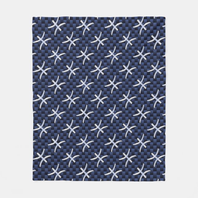 Pisces Zodiac Symbol Navy Blue Carbon Fibre Print Fleece Blanket (Front)