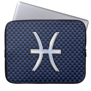 Pisces Zodiac Symbol Navy Blue Carbon Fibre Print Laptop Sleeve