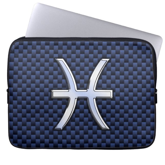 Pisces Zodiac Symbol Navy Blue Carbon Fibre Print Laptop Sleeve (Front)