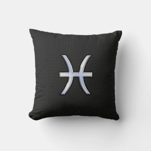 Pisces Zodiac Symbol on Black Snake Skin Decor Cushion