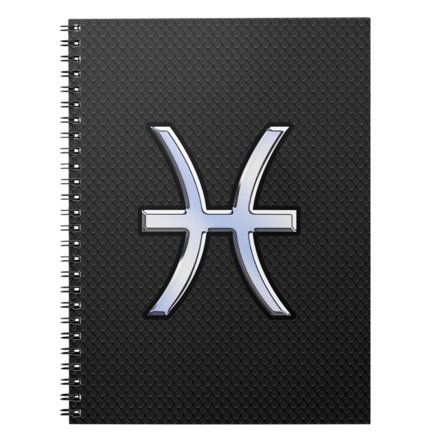 Pisces Zodiac Symbol on Black Snake Skin Decor Notebook (Front)