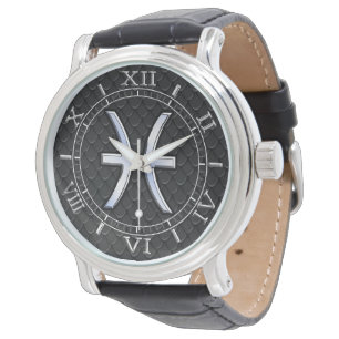 Pisces Zodiac Symbol on Black Snake Skin Dial Watch