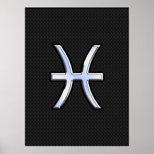 Pisces Zodiac Symbol on Black Snake Skin Style Poster