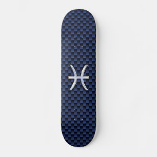 Pisces Zodiac Symbol on Blue Carbon Fibre Print Skateboard