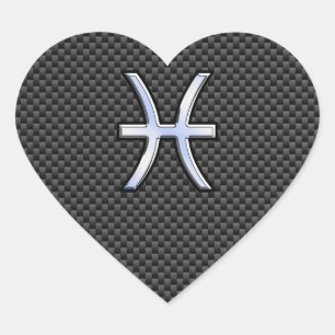 Pisces Zodiac Symbol on Carbon Fiber Print Heart Sticker