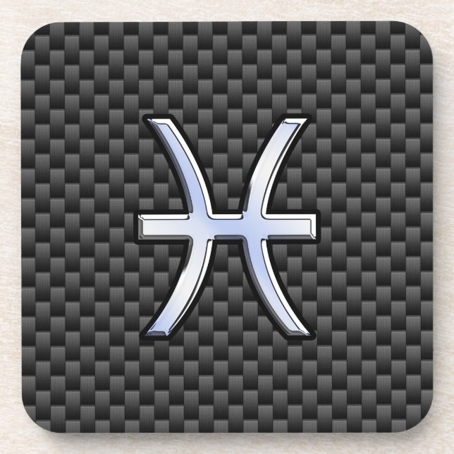 Pisces Zodiac Symbol on Carbon Fibre Style Coaster (Front)