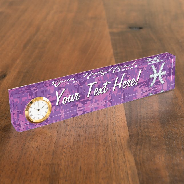 Pisces Zodiac Symbol on Fuchsia Digital Camo Nameplate (Side)