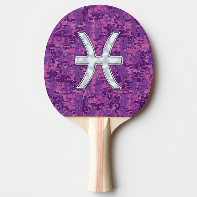 Pisces Zodiac Symbol on Fuchsia Digital Camo Ping Pong Paddle (Front)