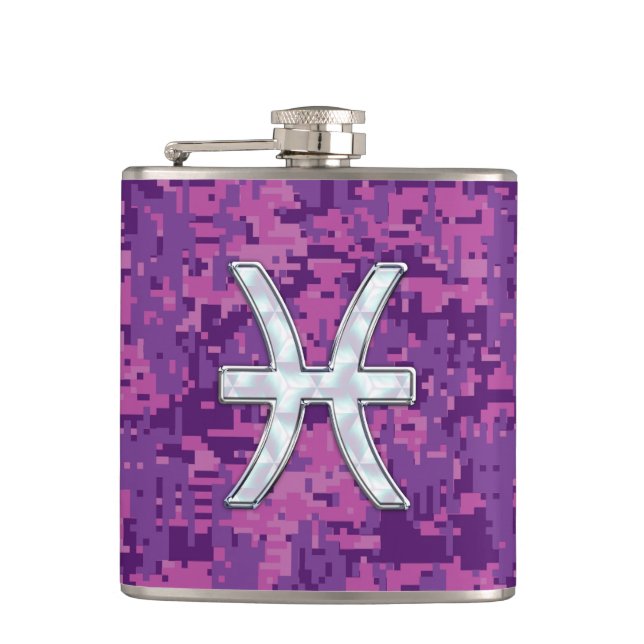 Pisces Zodiac Symbol on Fuchsia Pink Digital Camo Hip Flask (Front)