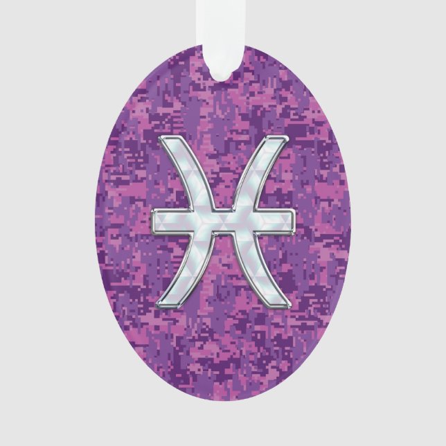 Pisces Zodiac Symbol on Fuchsia Pink Digital Camo Ornament (Front)