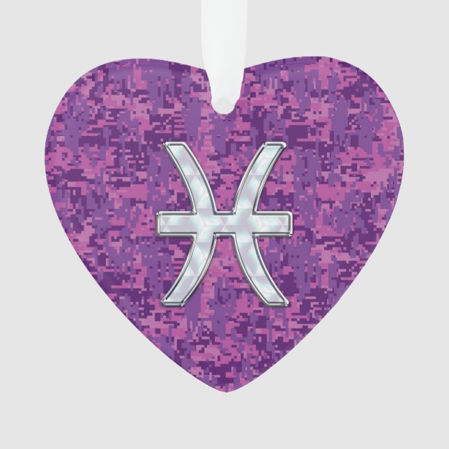 Pisces Zodiac Symbol on Fuchsia Pink Digital Camo Ornament (Front)