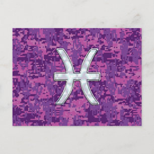 Pisces Zodiac Symbol on Fuchsia Pink Digital Camo Postcard