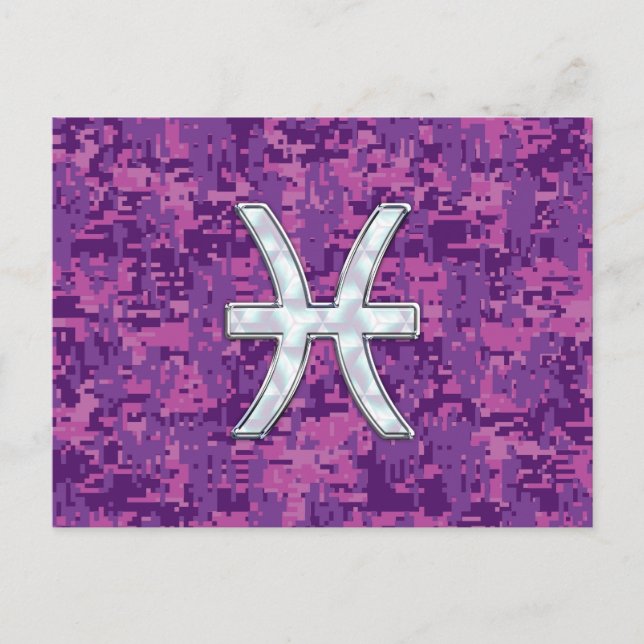 Pisces Zodiac Symbol on Fuchsia Pink Digital Camo Postcard (Front)