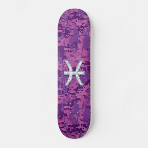 Pisces Zodiac Symbol on Fuchsia Pink Digital Camo Skateboard