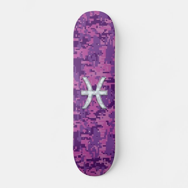 Pisces Zodiac Symbol on Fuchsia Pink Digital Camo Skateboard (Front)