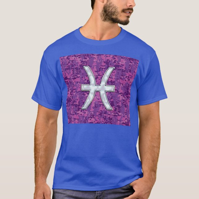 Pisces Zodiac Symbol on Fuchsia Pink Digital Camo T-Shirt (Front)