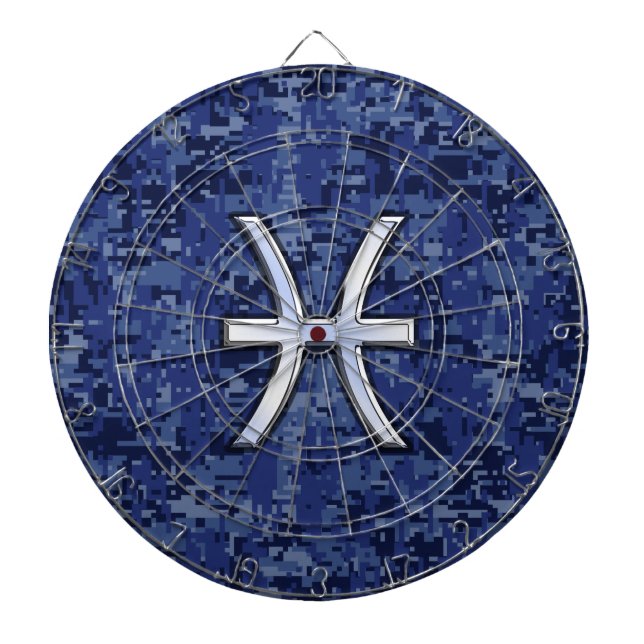 Pisces Zodiac Symbol on Navy Blue Digital Camo Dartboard (Front)