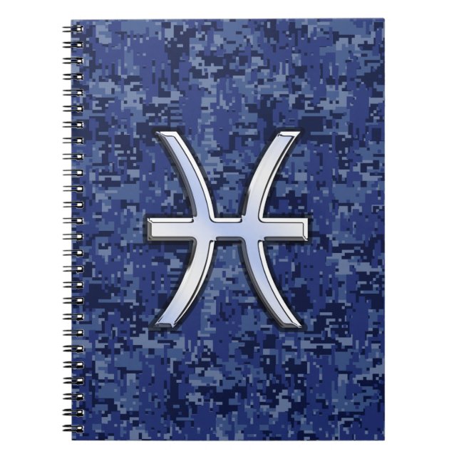 Pisces Zodiac Symbol on Navy Blue Digital Camo Notebook (Front)