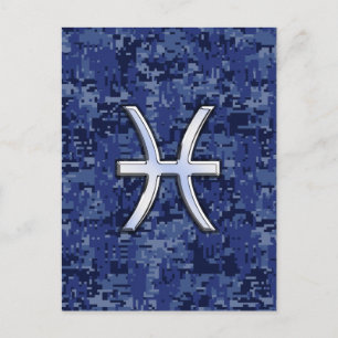 Pisces Zodiac Symbol on Navy Blue Digital Camo Postcard