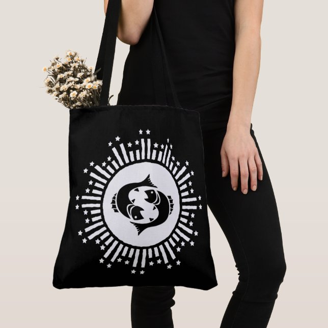 Pisces Zodiac Symbol with Celestial Starburst  Tote Bag (Close Up)