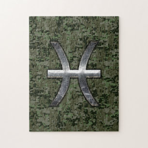 Pisces Zodiac Symbol Woodland Green Digital Camo Jigsaw Puzzle