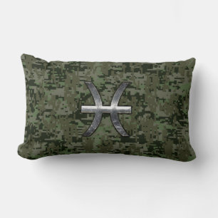 Pisces Zodiac Symbol Woodland Green Digital Camo Lumbar Cushion