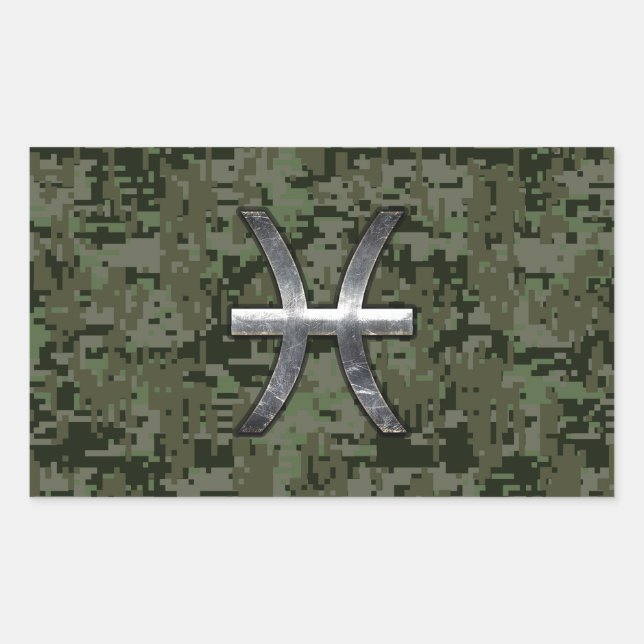 Pisces Zodiac Symbol Woodland Green Digital Camo Rectangular Sticker (Front)