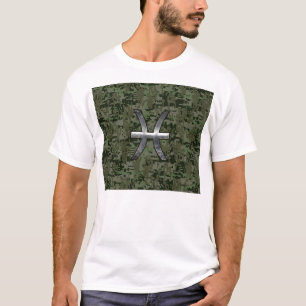 Pisces Zodiac Symbol Woodland Green Digital Camo T-Shirt