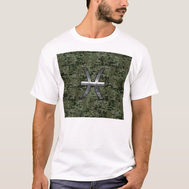 Pisces Zodiac Symbol Woodland Green Digital Camo T-Shirt (Front)
