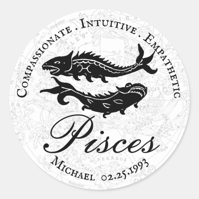 Pisces Zodiac Traits Astrology Black White Custom Classic Round Sticker (Front)
