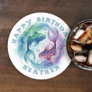 Pisces Zodiac Watercolor Fish Astrology Birthday Round Paper Coaster