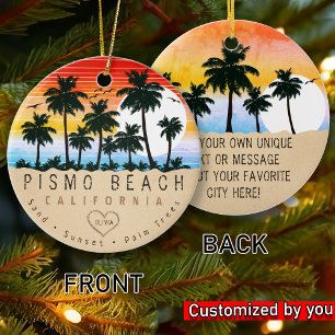 Pismo Beach California Retro Sunset Palm tree 60s Ceramic Ornament