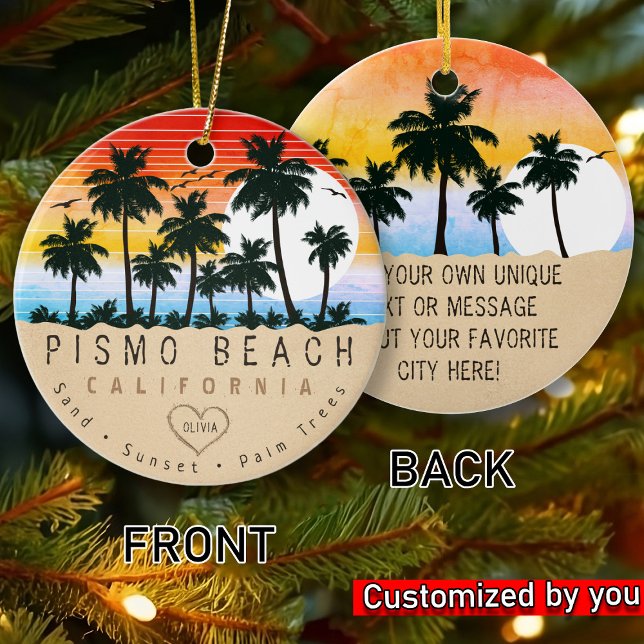 Pismo Beach California Retro Sunset Palm tree 60s Ceramic Ornament (Creator Uploaded)