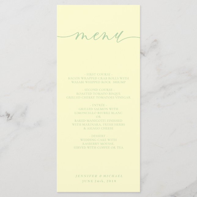 Pistachio Cream Simple Script Wedding Dinner Menu (Front)