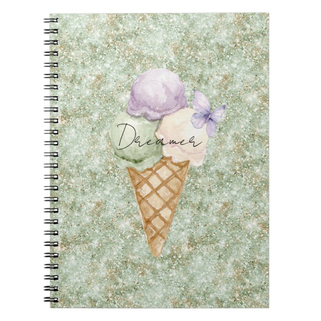 Pistachio Glitter Ice Cream Lavender Butterfly Notebook (Front)